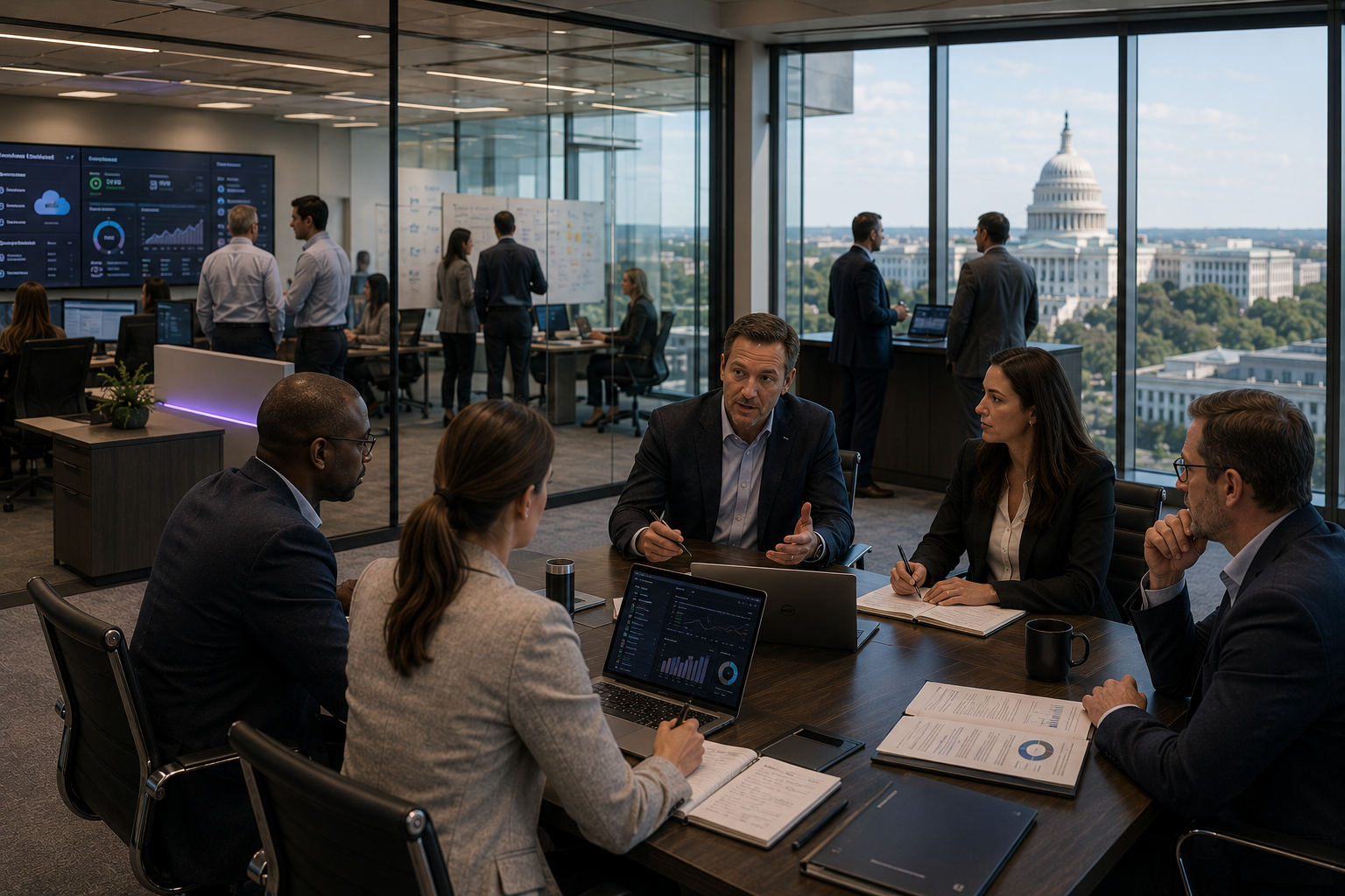 A federal cloud-governance briefing in a Washington, D.C. office tower: executives reviewing cloud-security dashboards and assessment documents around a conference table, operations staff at monitoring workstations behind a glass wall, and the U.S. Capitol dome visible through the windows.