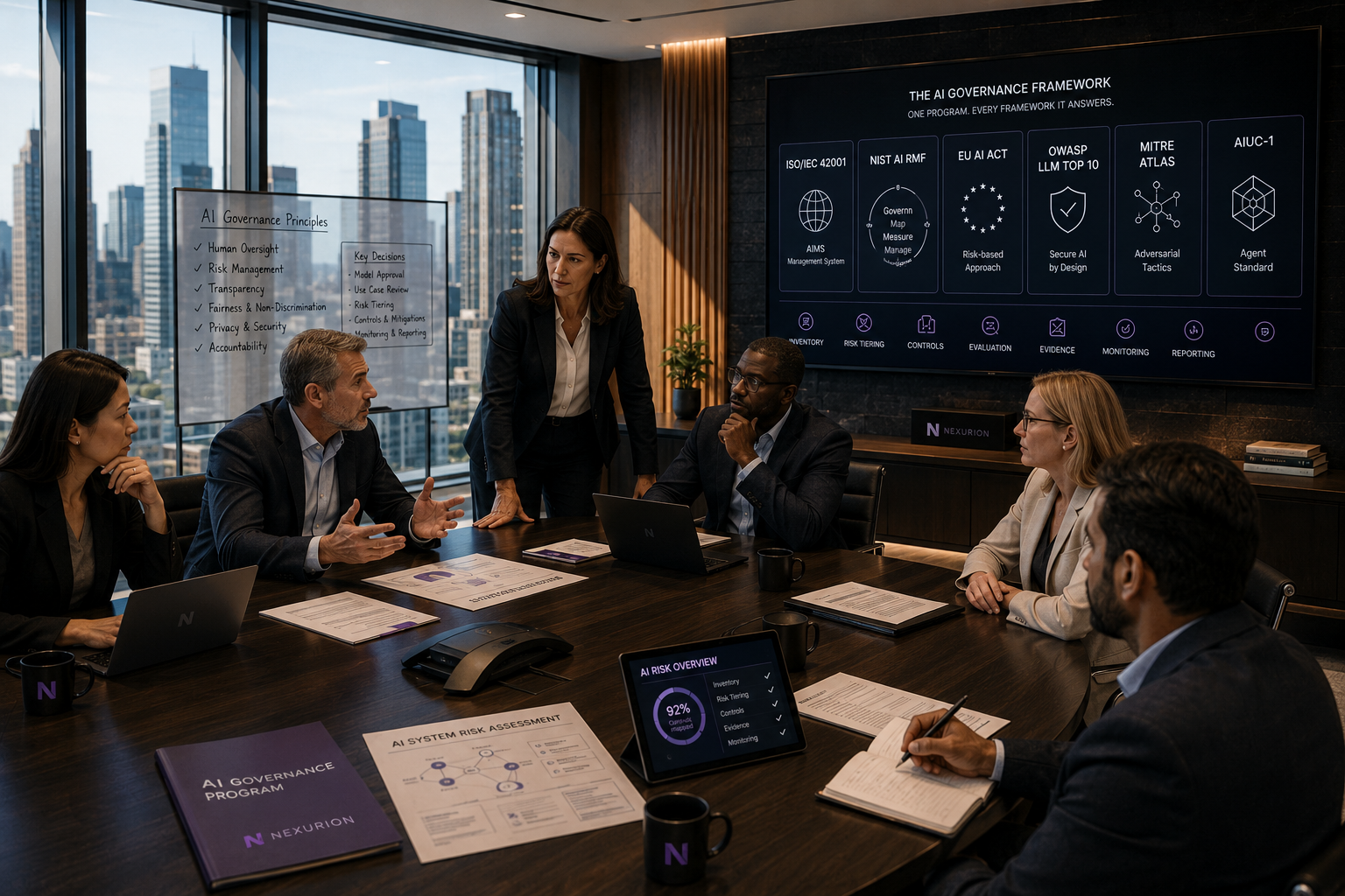 A Nexurion AI governance working session: senior practitioners around a boardroom table with the AI Governance Framework on screen — ISO/IEC 42001, NIST AI RMF, EU AI Act, OWASP LLM Top 10, MITRE ATLAS, and AIUC-1 — reconciled into one program.